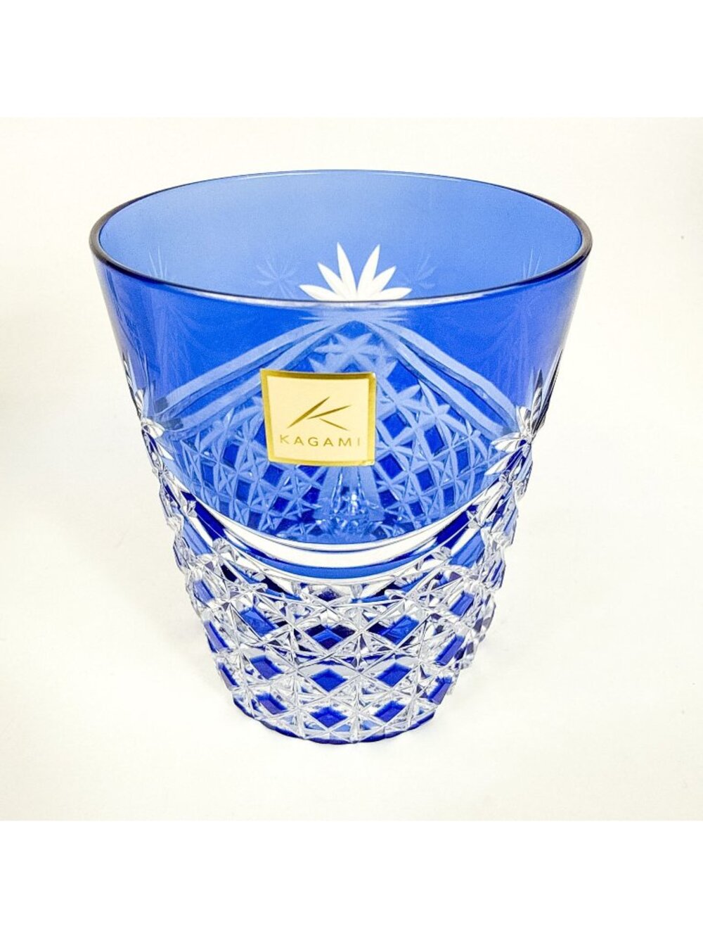 Kagami Edo Kiriko Blue Whiskey Glass Cut To Clear Crystal With Box